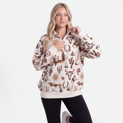 Woman wearing the Cream Western quarter zip