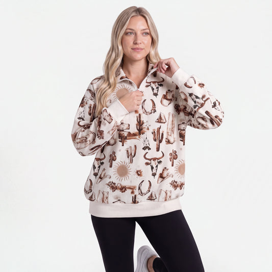 Woman wearing the Cream Western quarter zip