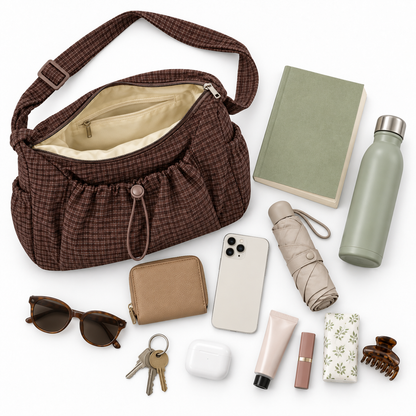 Plaidy Brown Plaid — Open bag with everyday essentials, capacity flat lay