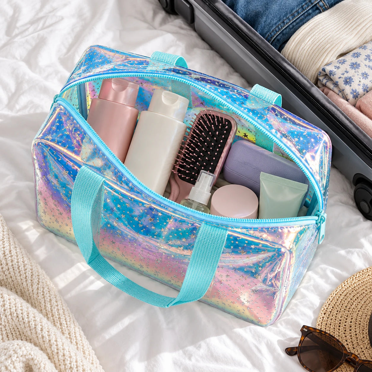 Holographic Star toiletry bag open on a bed, bottles and brush visible through the clear walls
