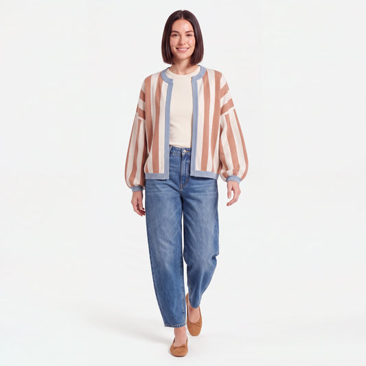 Striped Balloon Sleeve Cardigan