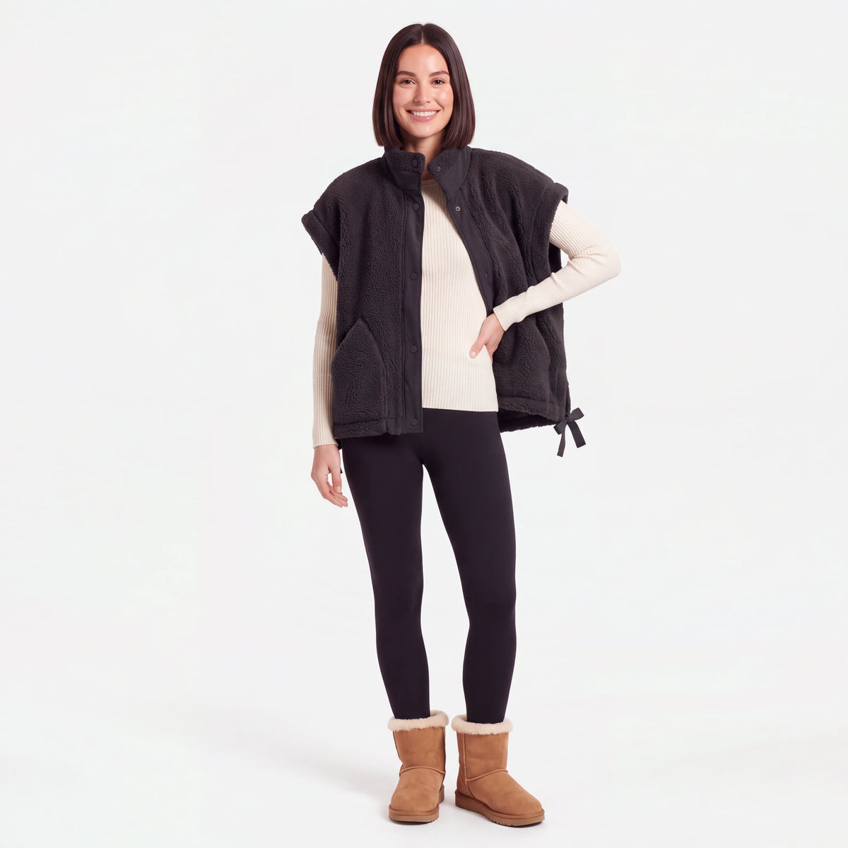 Oversized Sherpa Vest, Black, hand on hip
