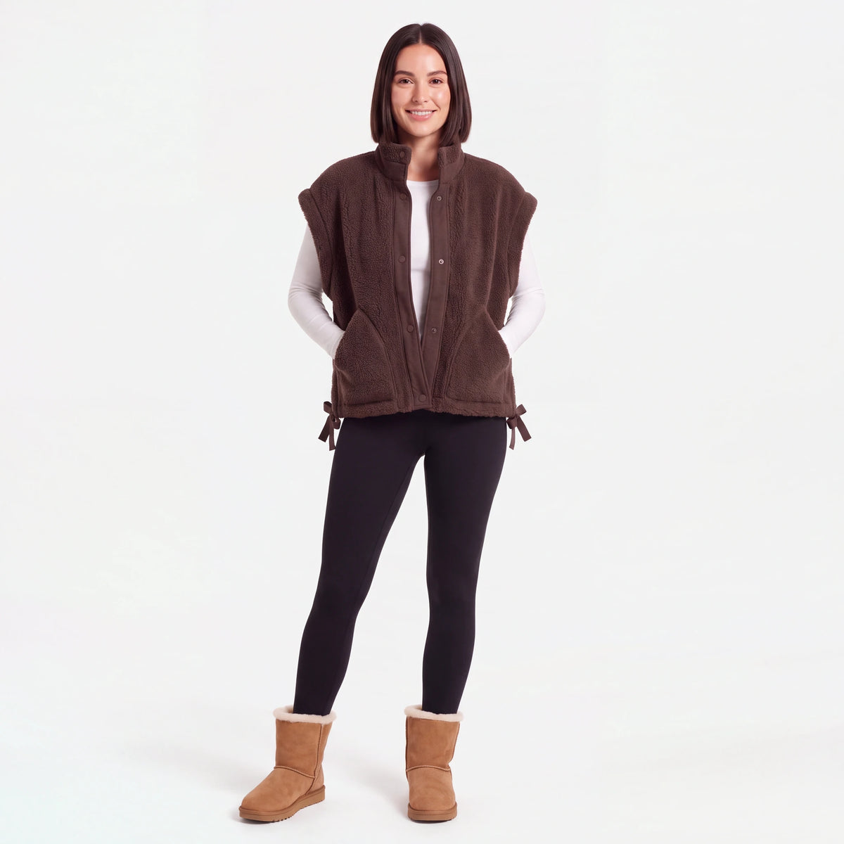 Oversized Sherpa Vest, Coffee Brown, hands in pockets